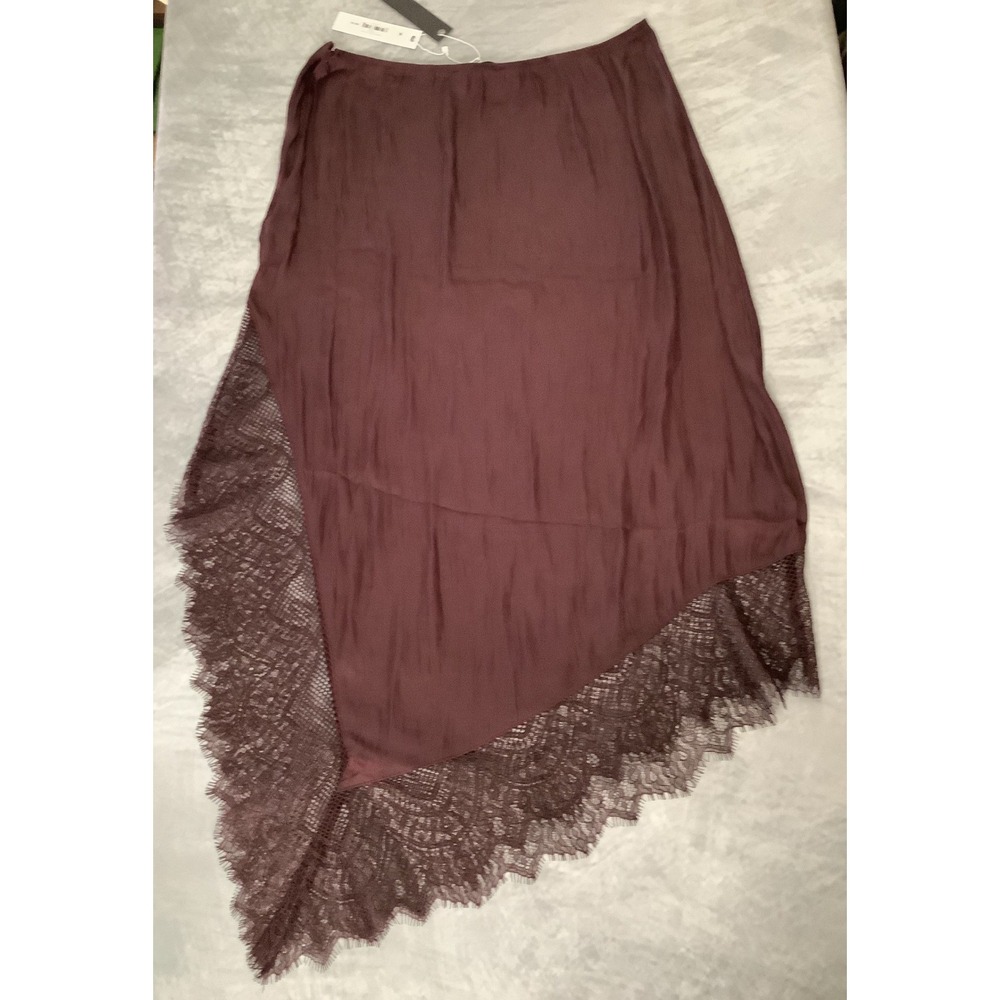 Steve Madden Mahogany Brown Satin Lace Trim Asymmetrical Midi Skirt DB17025F M - Picture 9 of 9